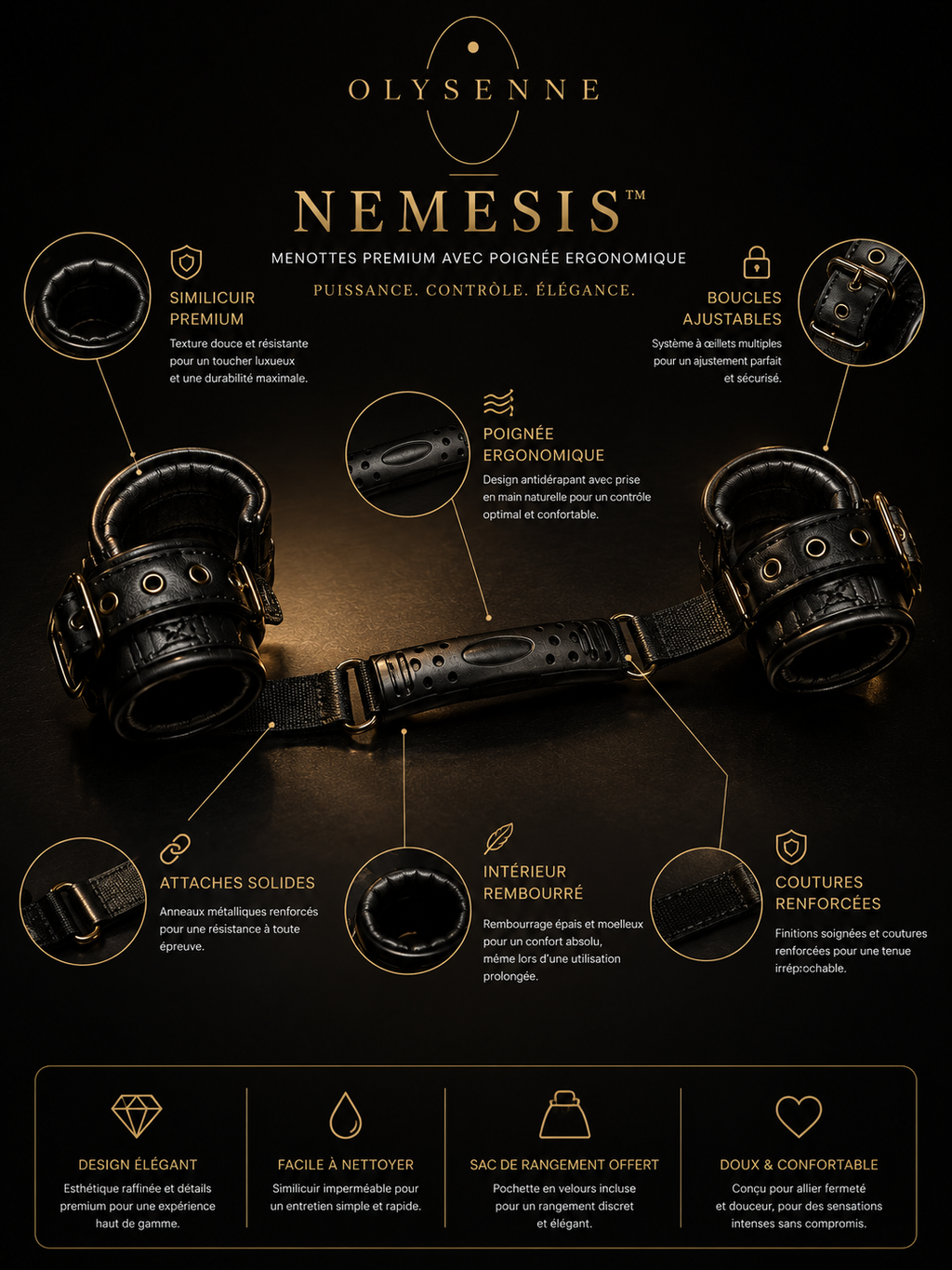 OLYSENNE - Nemesis™ - Menottes Premium en Similicuir avec Poignée Ergonomique