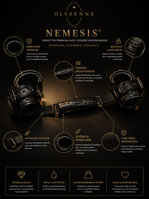 OLYSENNE - Nemesis™ - Menottes Premium en Similicuir avec Poignée Ergonomique