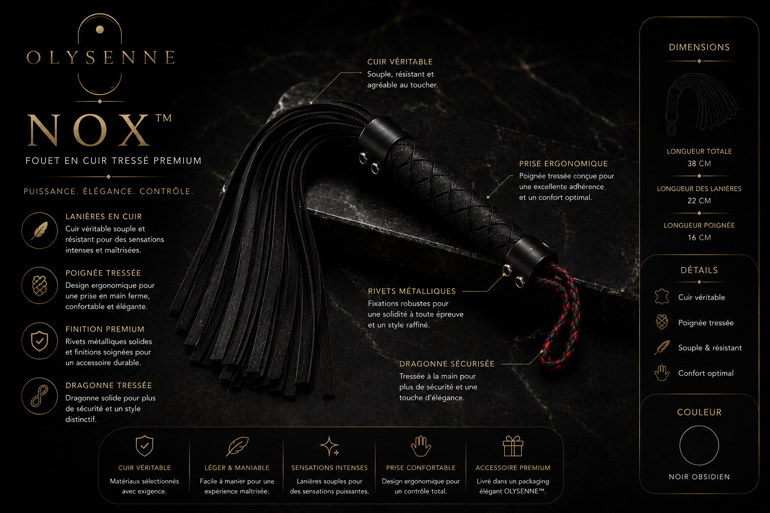 OLYSENNE NOX™ – Fouet en cuir tressé